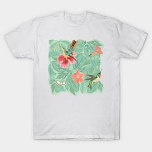 Hummingbird Hibiscus Butterflies Green leaves Vector Image T-Shirt